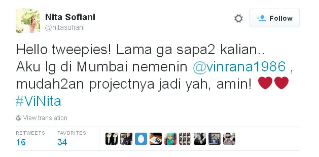 Nita bocorkan informasi penting dalam karir Vin Rana © Twitter.com/nitasofiani