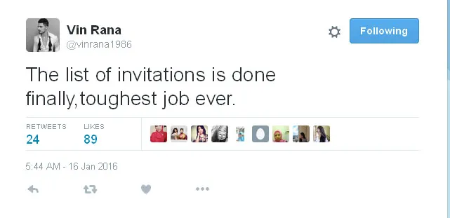 Menentukan tamu undangan ternyata dirasa sulit banget buat Vin Rana © Twitter.com/vinrana1986