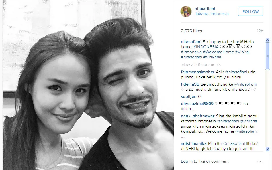 Selfie ini seakan menjadi penanda kedatangan Vin dan Nita di Jakarta © Instagram.com/nitasofiani