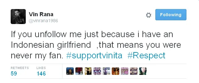 Vin Rana tak mau mengakui orang yang benci pacarnya sebagai fans © Twitter.com/vinrana1986