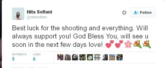 Ini dia dukungan Nita buat Vin yang sedang syuting © Twitter.com/nitasofiani