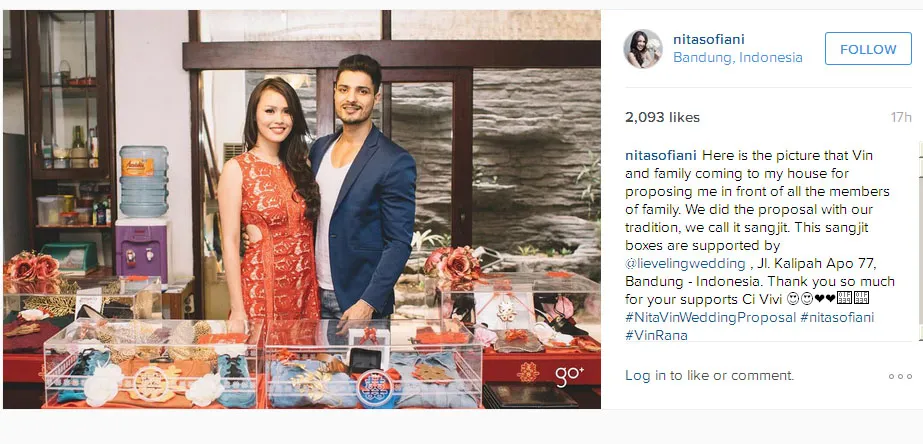 Vin Rana lakukan tradisi sangjit saat lamar Nita Sofiani © Instagram.com/nitasofiani