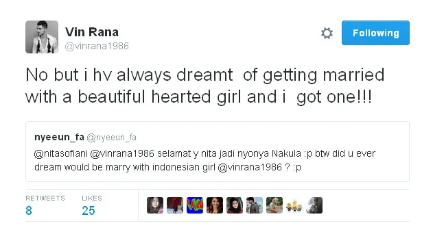 Vin Rana berikan pujian so sweet ini buat Nita © Twitter.com/vinrana1986