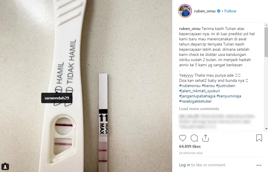 Testpack Wendah (instagram.com/ruben_onsu) diambil 24/10/2018 pukul 08.10 WIB