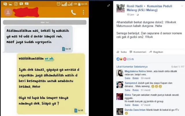 Kisah cinta Relawan #NebengMalang Roni yang jadi viral © Facebook.com/Ronii Hadi