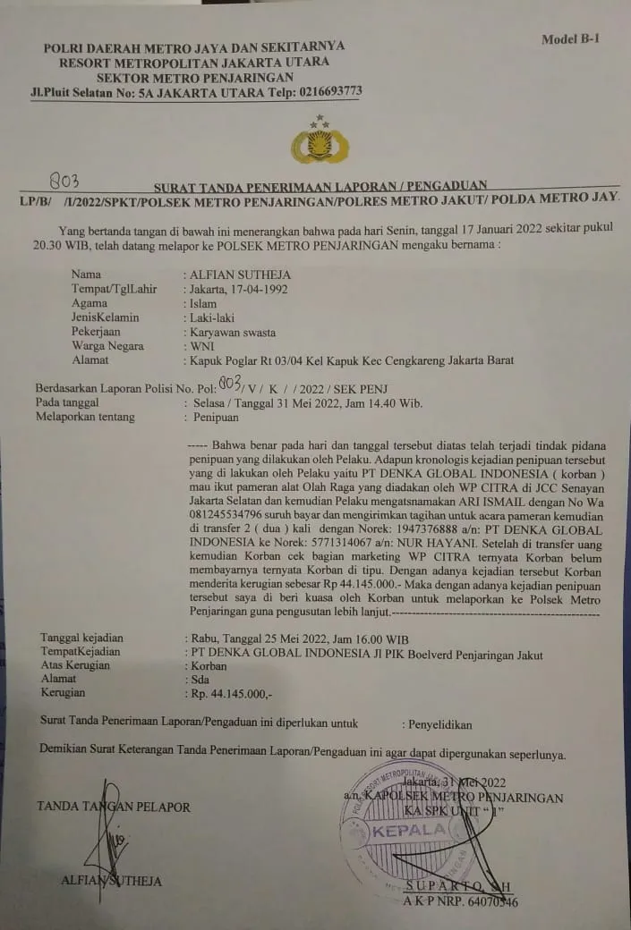 Surat laporan pihak PT Denka Global Indonesia / Credit Foto: Dokumentasi Pribadi