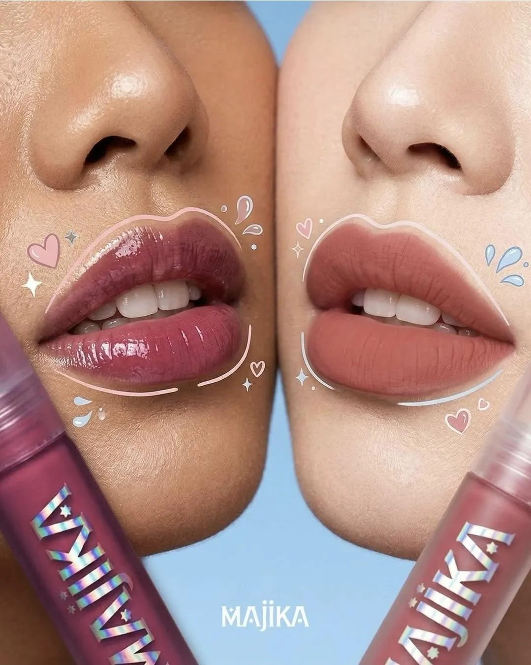 MAJIKA Unicorn Kiss Pink Glossy Lip Tint dan Caramel Dreams Nude Matte Lip Tint. (Sumber: Instagram/@majika.official)