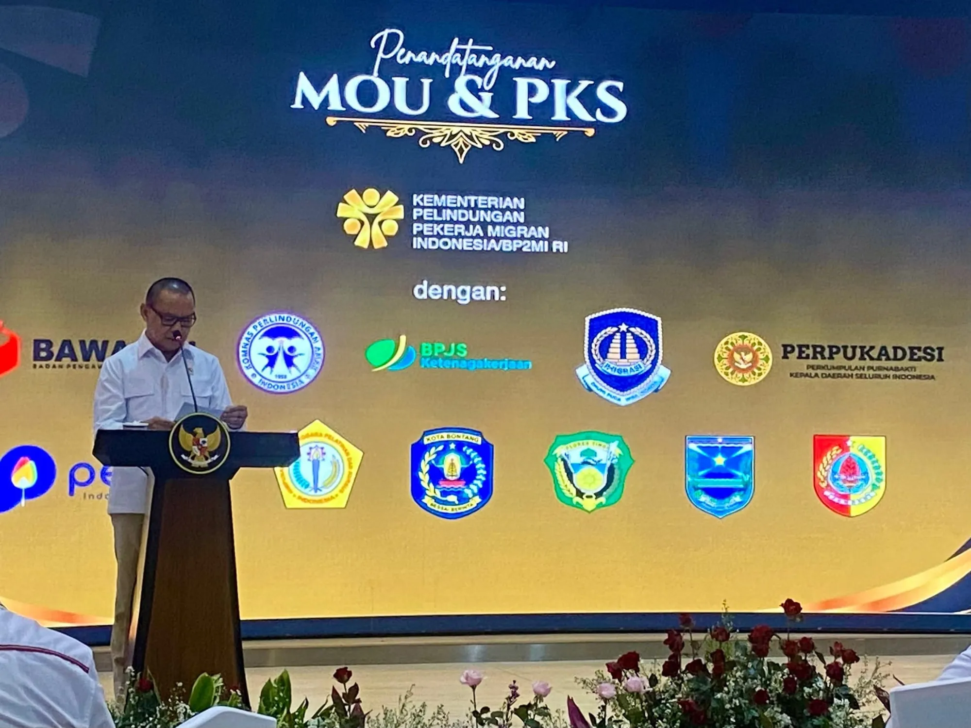 Menteri Pekerja Migran Indonesia (P2MI) Mukhtarudin saat menyampaikan sambutan. (c) KapanLagi/Umi Zakiyatun Khasanah.