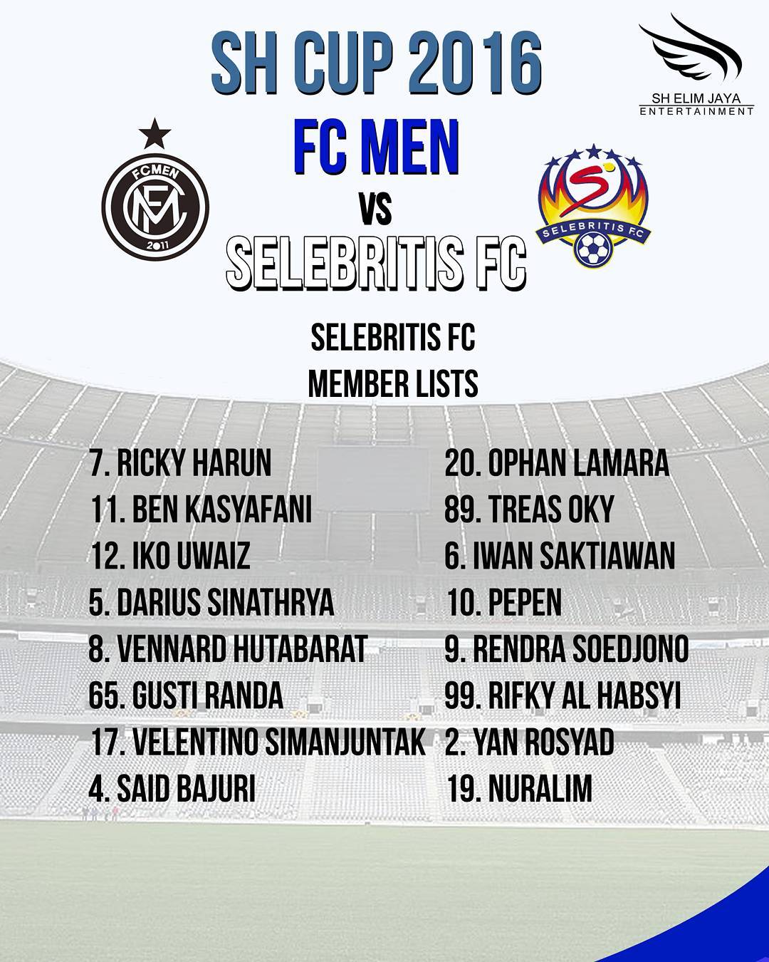 Daftar pemain Selebritis FC yang akan bertanding melawan FC MEN. ©SH Entertainment