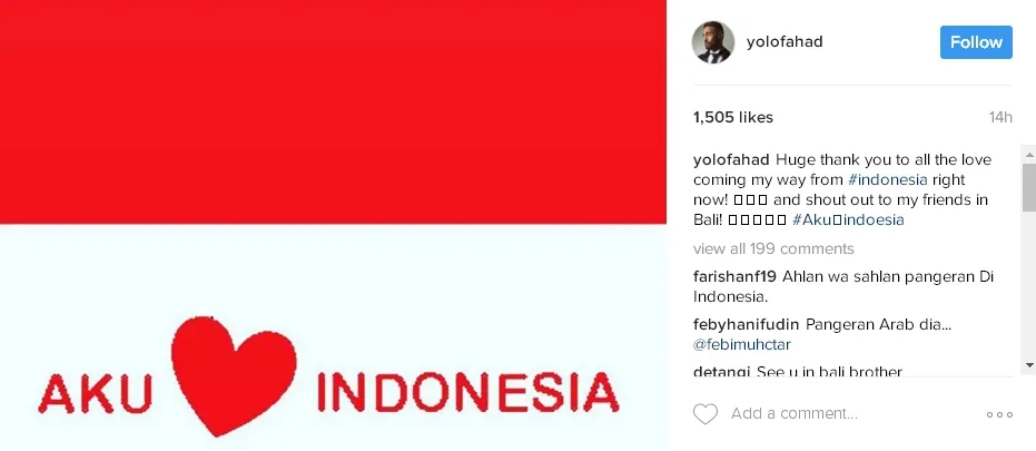 Pangeran Fahad Tunjukkan Rasa Cinta Sebelum Kunjungi Indonesia © instagram.com/yolofahad