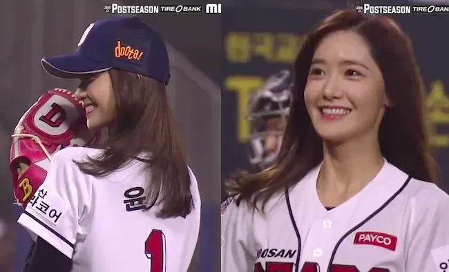 Yoona Girls Generation melakukan lemparan bola pertama di pertandingan baseball Doosan Beasr Vs NC Dinos. ©soompi.com