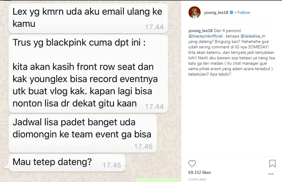 Postingan Young Lex yang mendapat undangan ke event yang akan dihadiri Lisa BLACKPINK. © Instagram.com/young_lex18