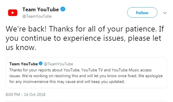 Pernyataan YouTube © twitter.com/TeamYouTube