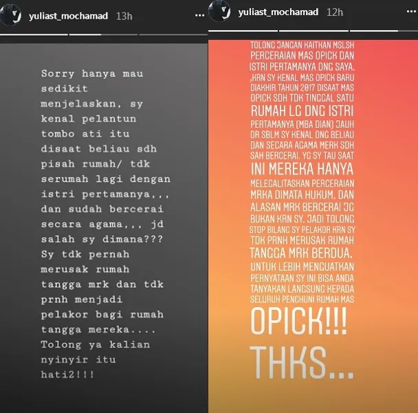 Penjelasan Yulia soal perkenalannya dengan Opick ©instagram/yuliast_mochamad