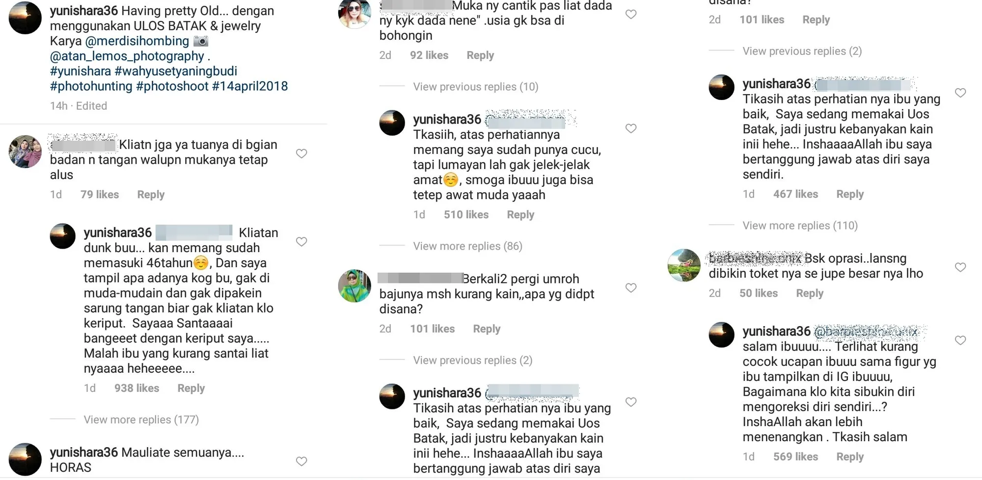 Yuni membalas komentar yang masuk ke akunnya dengan santun ©instagram/yunishara36