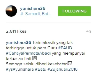 Yuni berterima kasih kepada para guru ©instagram/yunishara36