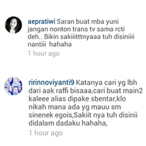 Komentar dari para haters Yuni @ instagram.com/yunishara36