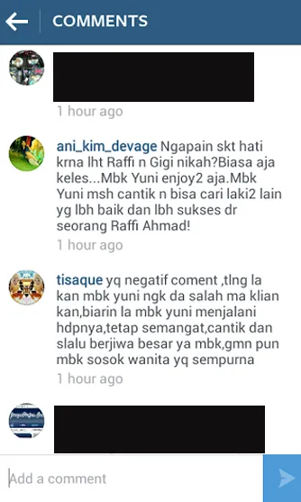 Komentar dukungan untuk Yuni @ instagram.com/yunishara36