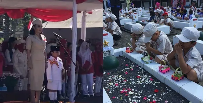 Setelah memimpin jalannya upacara, Yuni Shara mengajak para murid untuk ziarah ke makam pahlawan. © Instagram/cahayapermataabadi