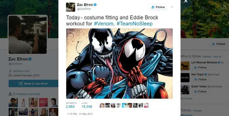 Zac Efron sempat menulis sesuatu di Twitter yang menandakan bahwa dirinya akan menjadi Venom Š twitter.com/ZacEfron