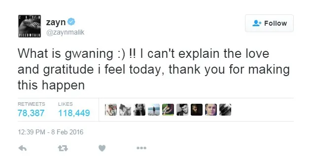 Kebahagiaan Zayn atas suksesnya Pillowtalk © twitter.com/zaynmalik