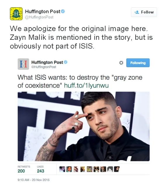Inilah tweet kontroversial Huffington Post dan permohonan maaf mereka © twitter.com/HuffingtonPost