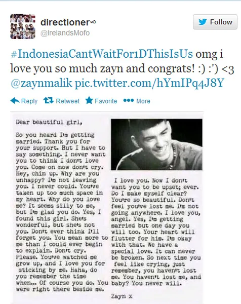 Kata-kata Zayn Malik tentang pertunangannya @ twitter.com/IrelandsMofo