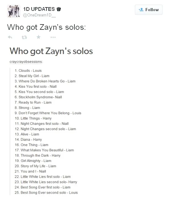 Daftar lagu One Direction di mana setiap personil bergantian mengisi kekosongan yang ditinggal Zayn © twitter.com/onedream1D__