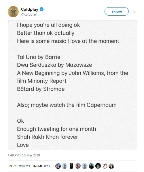 Status Coldplay di Twitter ©coldplay