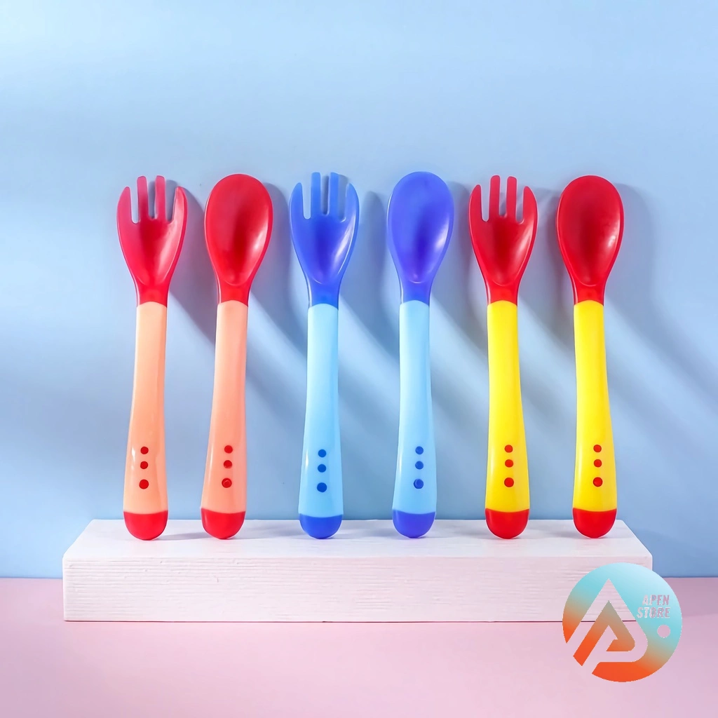 APEN Alat Makan Bayi Dengan Sensor Suhu Panas Sendok Garpu Bahan Silikon Baby Spoon