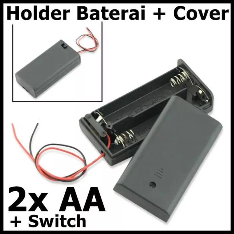 Kotak Baterai 2x AA Battery Holder Baterai Case dengan Tutup dan Saklar dan Kabel
