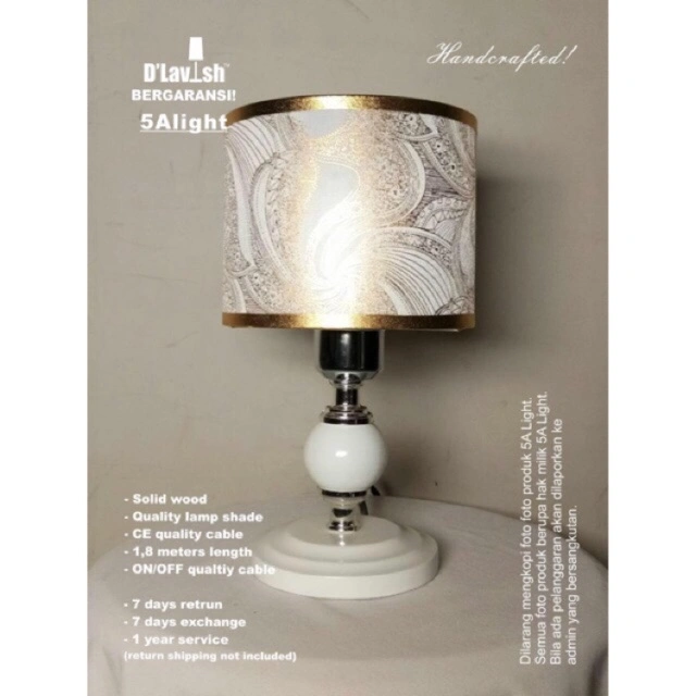 White Garnet WOOD Putih Gold - Lampu Meja Hias/Tidur/Nakas