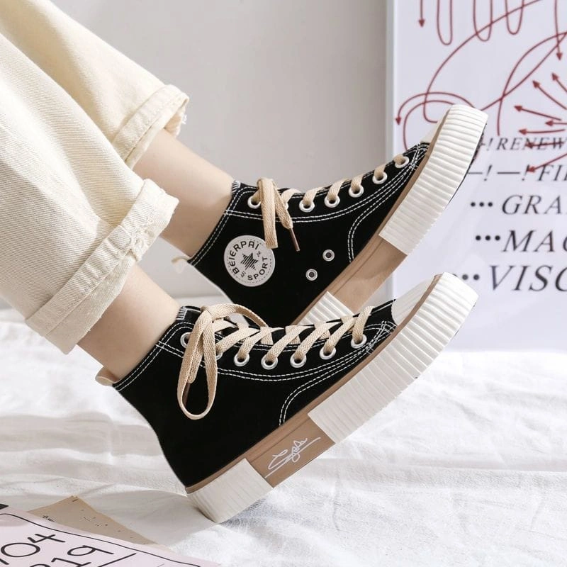 [ IDEALIFE40 ] SNEAKER SEPATU ANAK SEKOLAH HIGH TOP WARNA HITAM DAN BIRU BAHAN KANVAS CEWEK WOMAN SHOES IMPORT