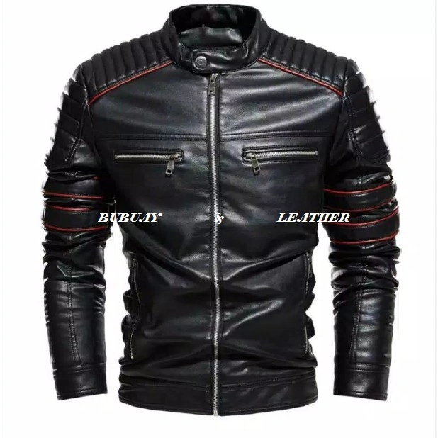 JAKET KULIT PRIA RACING STRIP MERAH / JAKE KULIT ORIGINAL/ JAKET MOTOR/ JAKET SEMI KULIT