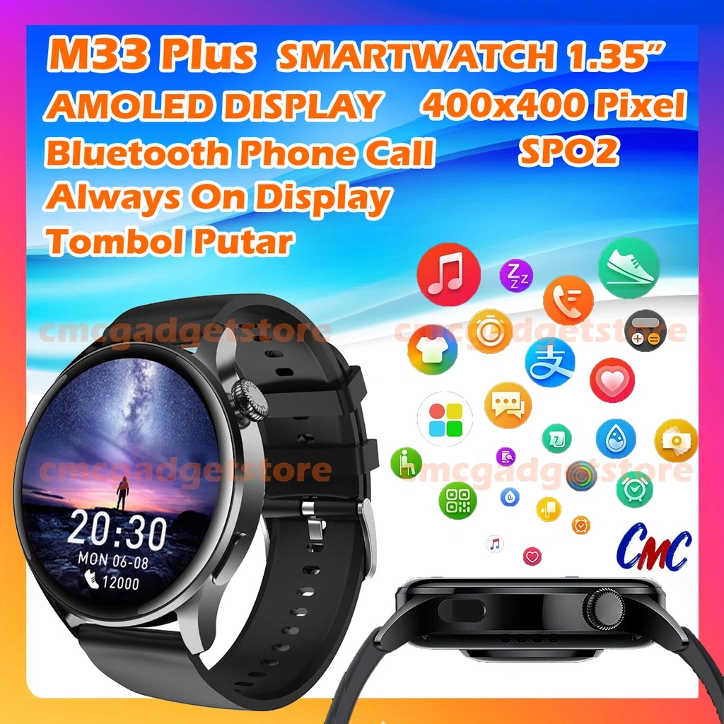 M33 Plus+ Smartwatch AMOLED Always On Display 1.35 inch Tombol Putar