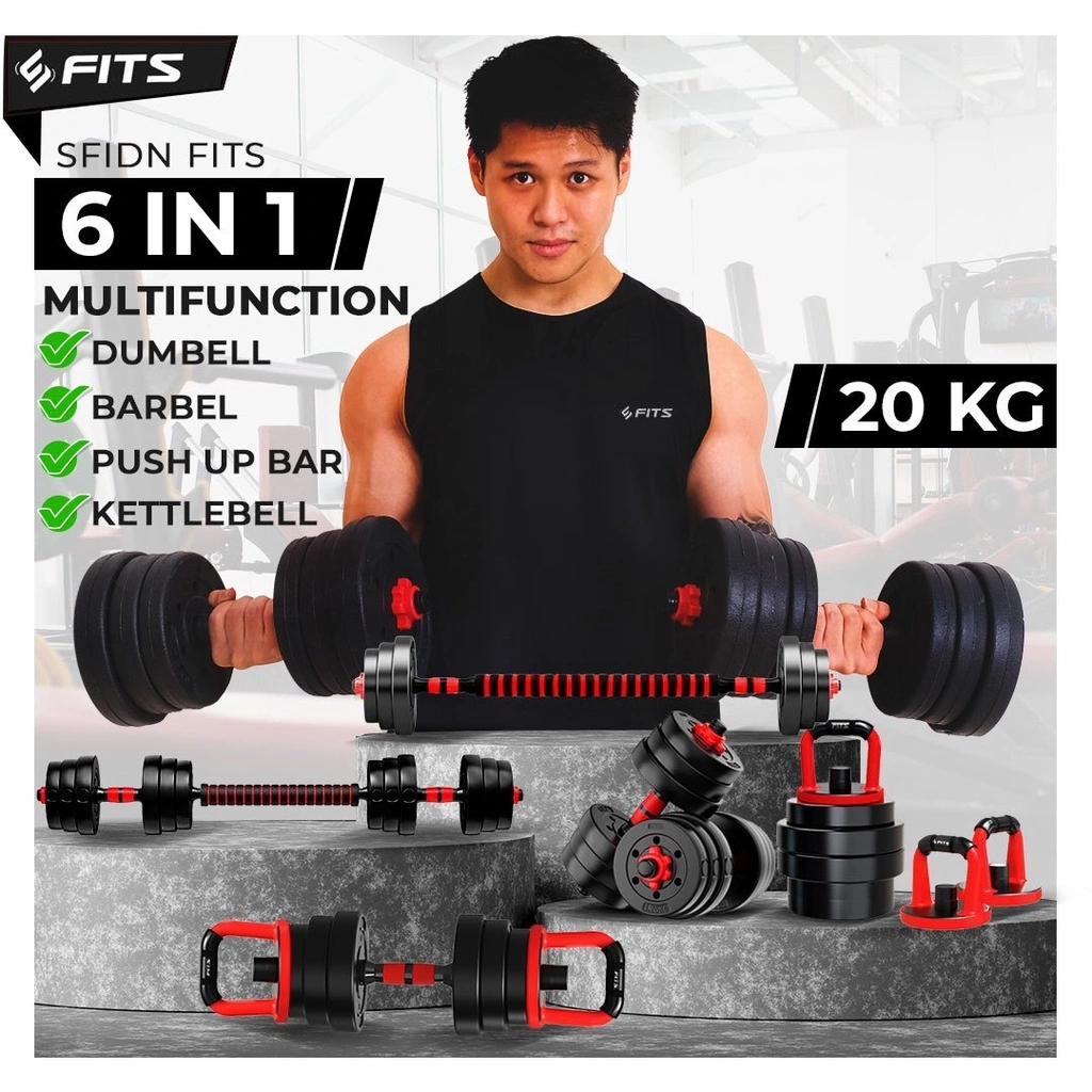 SFIDN FITS 6in1 Multifunction Dumbell Kettlebell Barbel Set 20kg