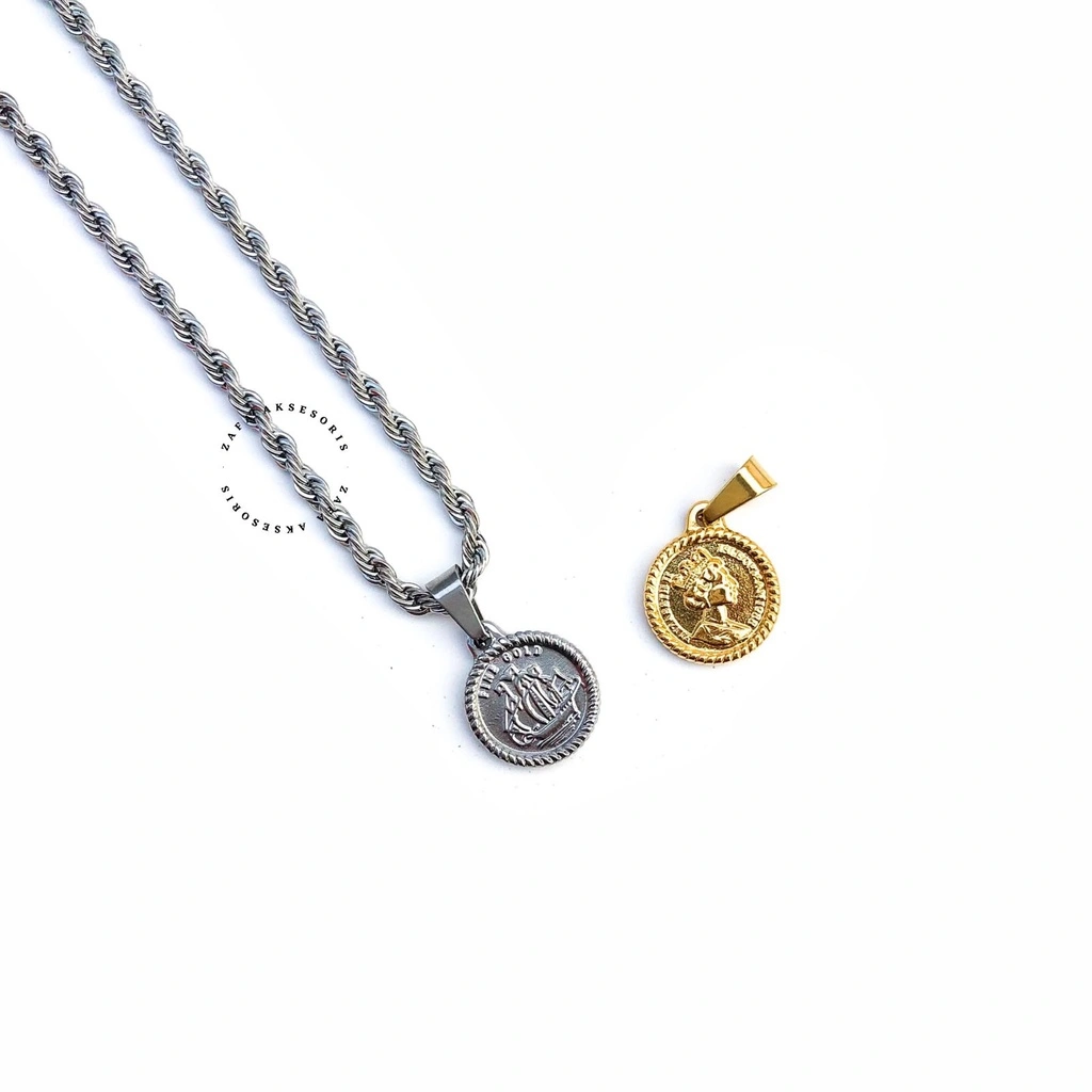 Zafa Liontin Kalung Stainless Steel Anti Karat Model Koin - Fine Gold