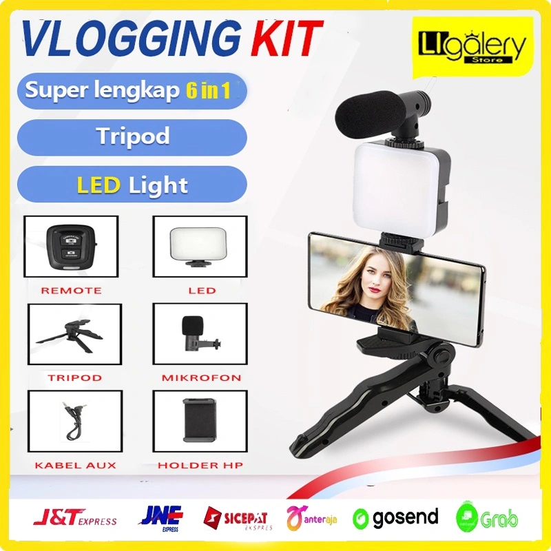 [Paket Lengkap] Vlogging KIT Paket Vlog 5in1 AY49 LED Video Light Phone Holder Tripod  Lampu LED + Mikrofon dengan Kontrol Tripod Mini untuk Perekaman Ponsel Pintar Kamera SLR
