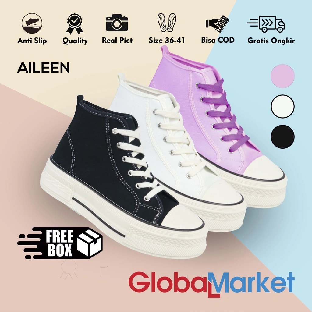 Globalmarket Free Kotak Box Aileen Sepatu Wanita High Konvers Sneakers Tinggi Convers Kanvas Cewek Sekolah Kampus Canvas Import Korea Premium Quality Size 36 Sampai 41 Cod 1277