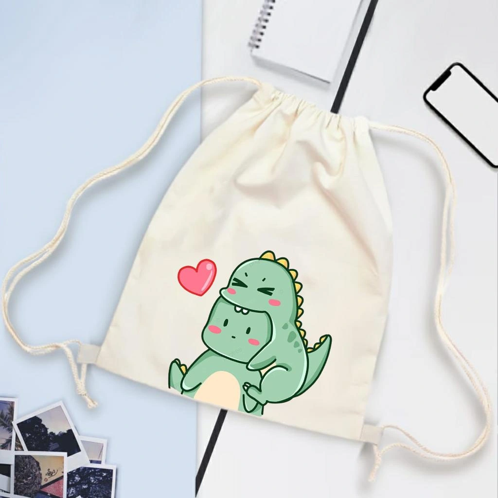 Tas Serut Kanvas Motif Kawaii Dino / String Bag