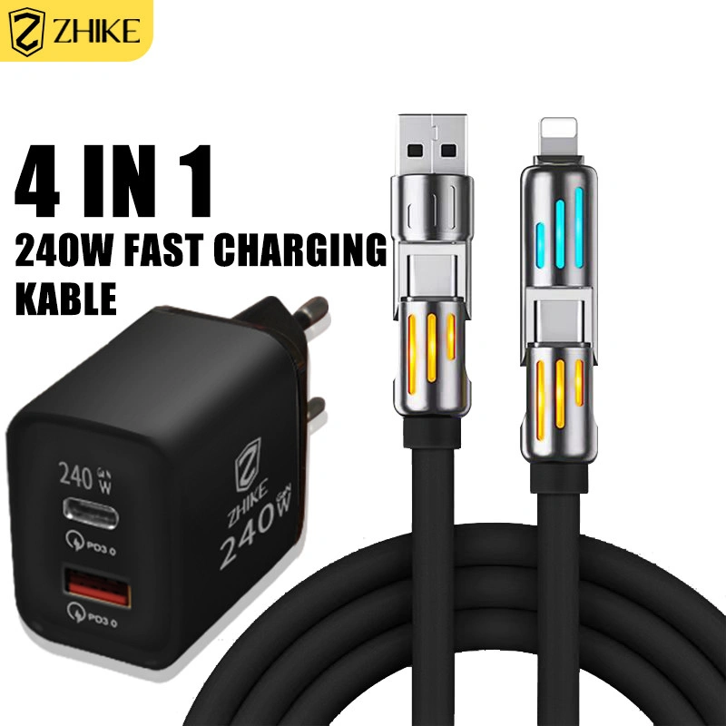 ZHIKE Kabel Data 4 IN 1 PD Fast Charging dengan 240W Adaptor for USB-A to Type-C/IP Type-C to Type-C/IP Antarmuka Paduan Seng 1M 5A Pengisi Cepat Cable Charger Cahaya Pernapasan Gradien HP Untuk Android XIAOMI VIVO OPPO HUAWEI