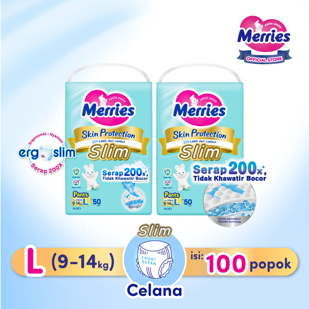 Merries Skin Protection Slim Pants Popok Bayi Diapers Ergoslim L (9-14kg) Pads / Isi 50 Twinpack