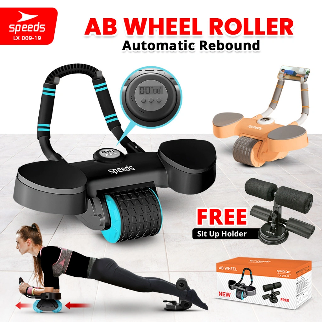SPEEDS AB Roller Wheels Plank Trainer Abdominal Core Roller Alat Push Up Sit Up Stand Bar 2in1 Automatic Rebound Gym Aman 009-19 HITAM