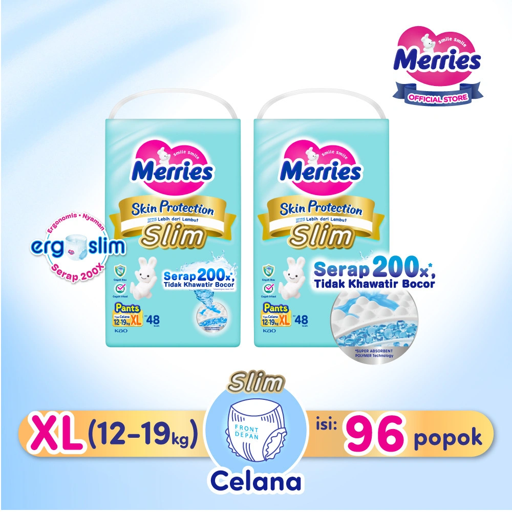 Merries Skin Protection Slim Pants Popok Bayi Diapers Ergoslim XL (12-19kg) Pads / Isi 48 Twinpack