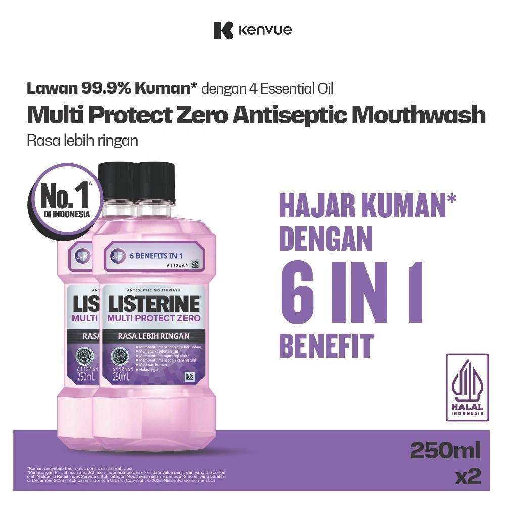 LISTERINE Multi Protect Zero Antiseptic Mouthwash /Obat Kumur Antiseptik 250 ml - No Alcohol - Isi 2