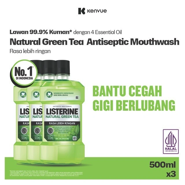 LISTERINE Green Tea Antiseptic Mouthwash / Obat Kumur Antiseptik - 500ml No Alcohol - Isi 3