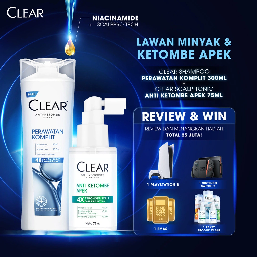 [Bundle HEMAT] CLEAR Shampoo Perawatan Komplit Anti Ketombe 300ml + CLEAR Anti Dandruff Scalp Tonic Hair Tonic Anti Ketombe Apek 75ml - Bundle LAWAN MINYAK & KETOMBE APEK