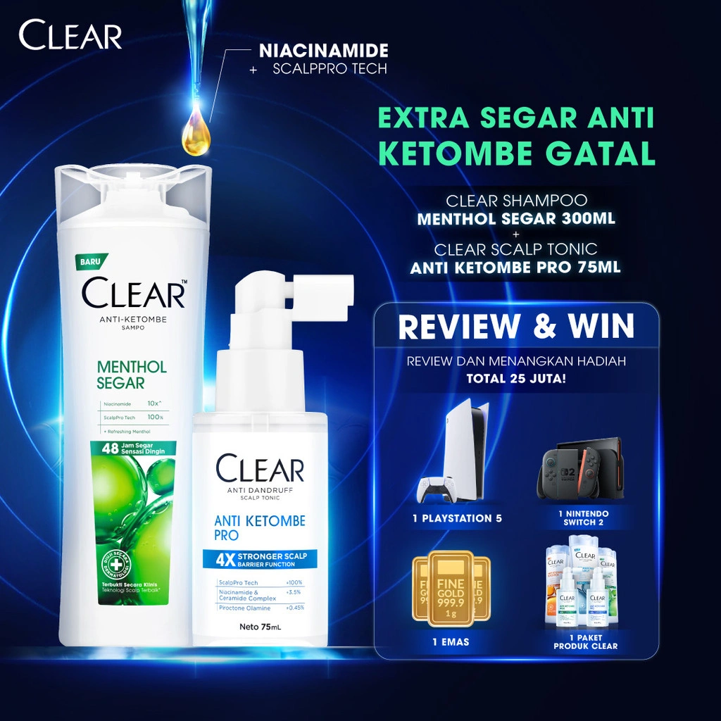 [BUNDLE HEMAT] CLEAR Shampoo Menthol Segar Anti Ketombe 300ml + CLEAR Anti Dandruff Scalp Tonic Hair Tonic Anti Ketombe Pro 75ml - Bundle EKSTRA SEGAR ANTI KETOMBE GATAL