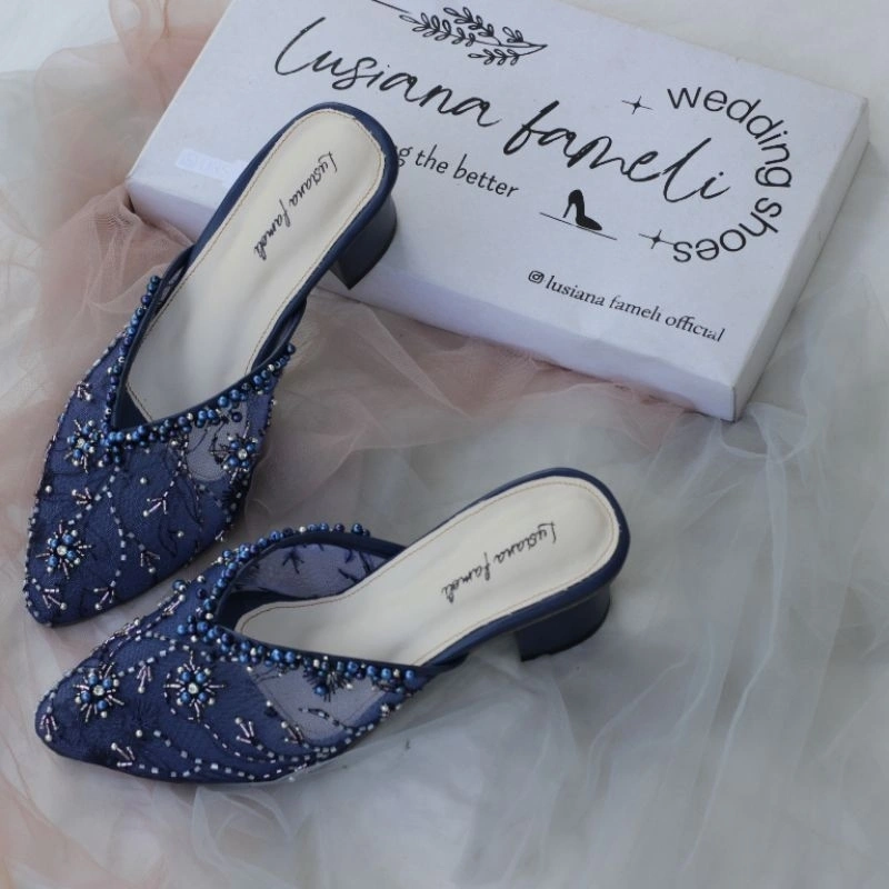 Naura I sepatu heels pengantin sandal pesta wanita heels pengantin sepatu payet hak Tahu acara formal sepatu selop mewah heels lace shoes wedding warna Navy