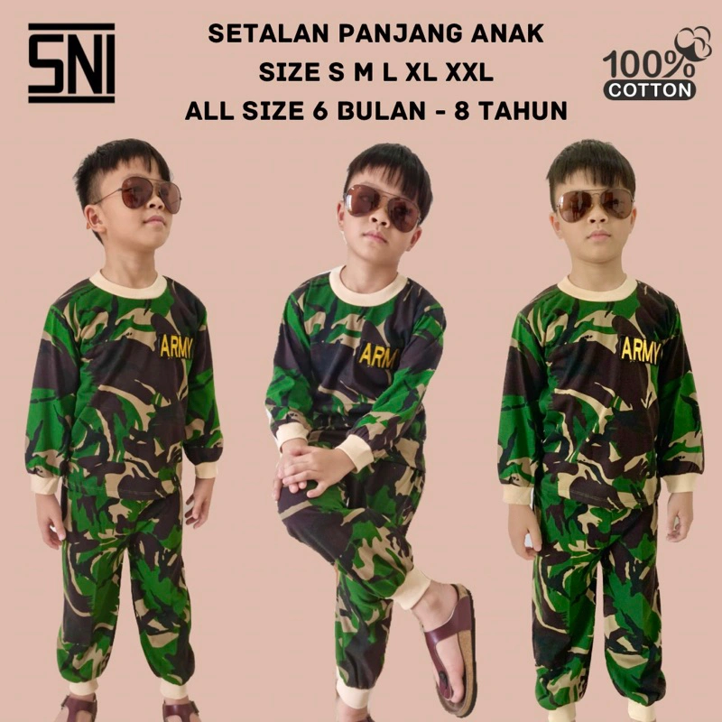 Setelan Piyama Panjang Oblong Anak Cowok Laki laki Army Tentara loreng TNI Malvinas 1 thn-12 thn SNI
